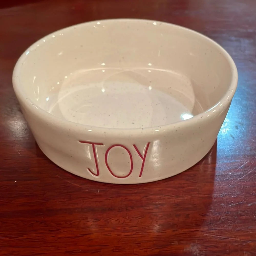 Rae Dunn joy white red ceramic pet bowl dog cat holiday Christmas candy dish