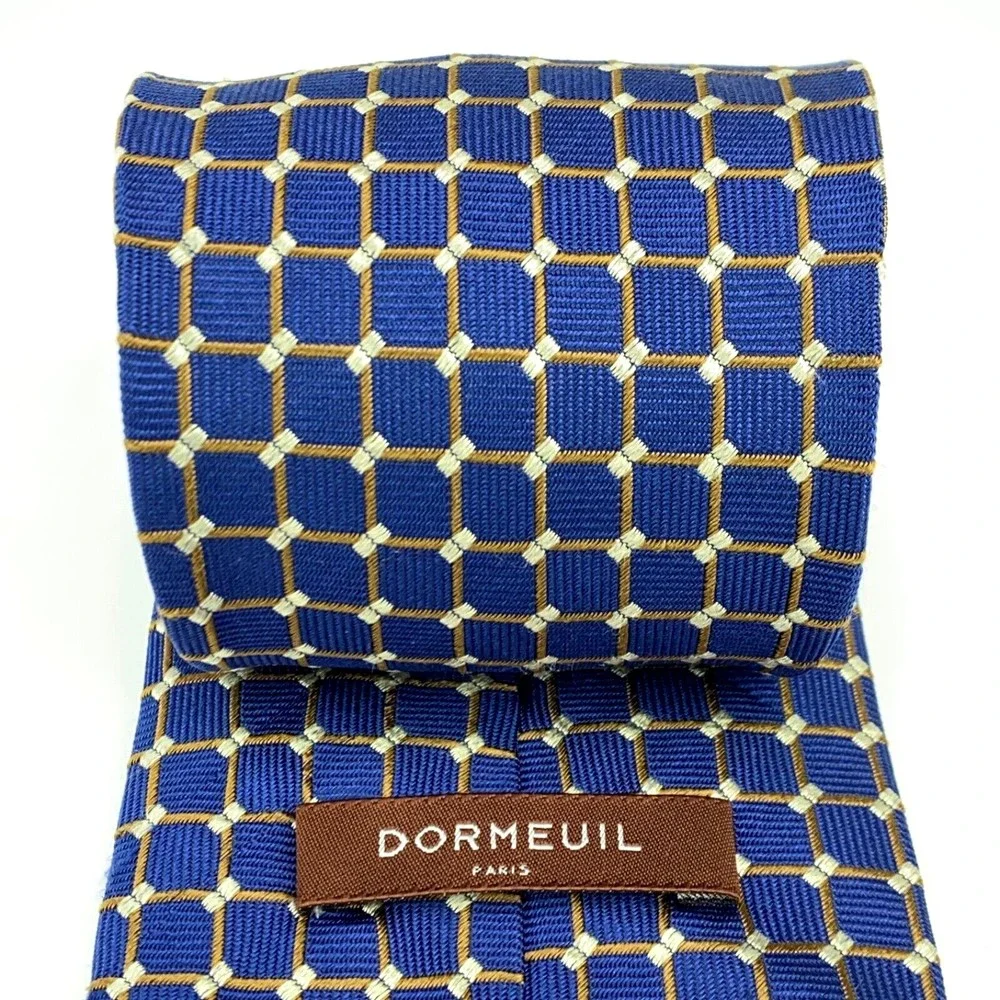 Dormeuil Paris Tie Blue Brown Beige Plaid Textured Woven 100% Silk Necktie 59