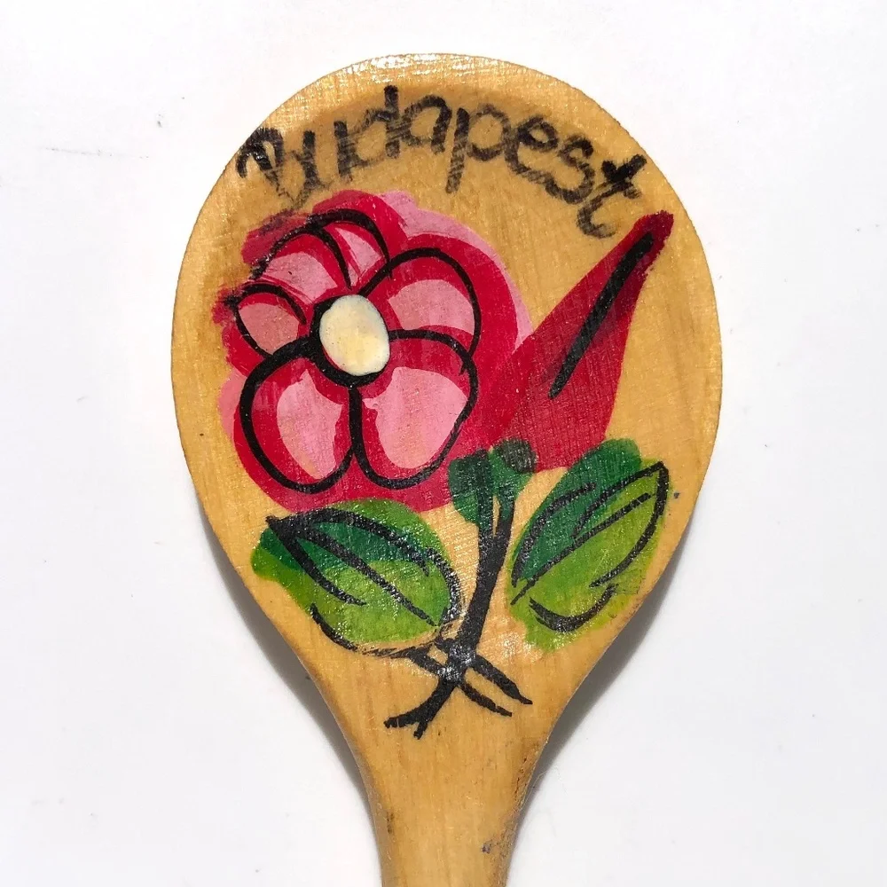 Budapest Hungary souvenir wooden spoon hand painted floral red pink 6.5 in.