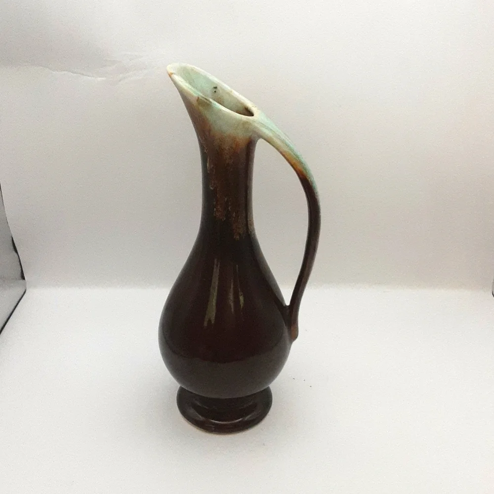 Vintage USA Pottery Brown & Green Drip Glaze Pitcher Vase 8.5
