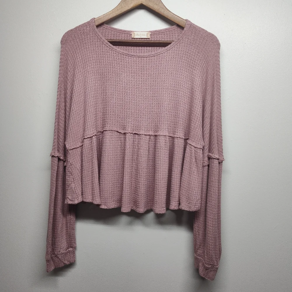 Altar'd State Crop Top Women Size S Pink Waffle Knit Long Sleeve Ruffle