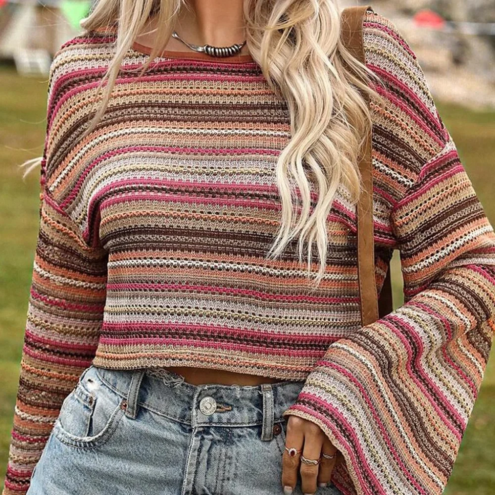 B159 Rose Red Ethnic Striped Wide Cropped Long Sleeve Top