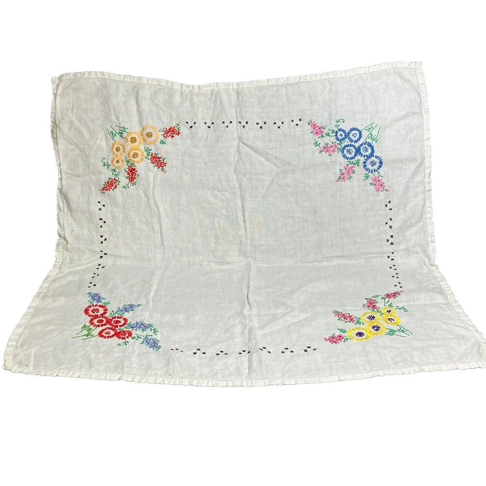 Vintage Tablecloth White Embroidered Floral - 31
