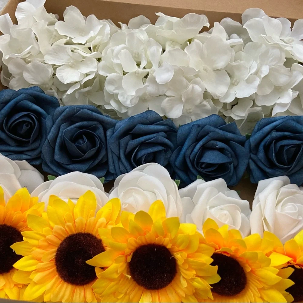20 Count | Blue Hydrangeas White Rose Sunflower Bouquet Centerpiece Wedding New