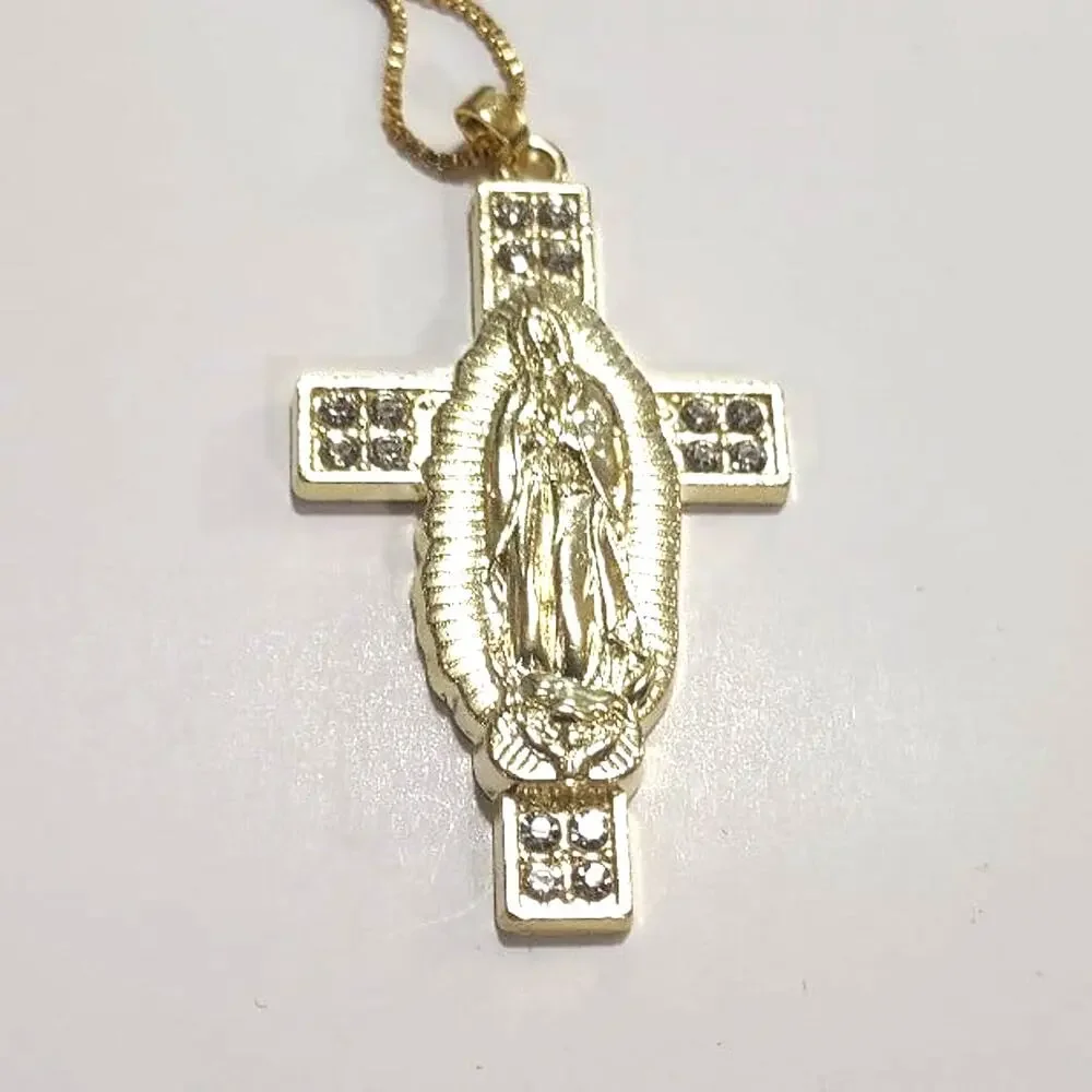 Necklace Gold Plated Silver Virgin Mother Mary Cross Gemstones Christian