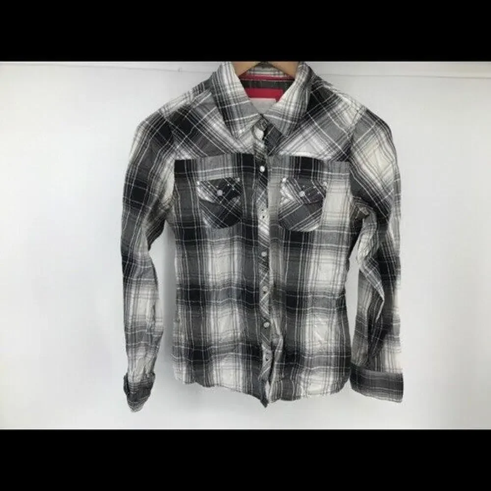 Justice Girls Black & White Plaid Button Front Shirt Size 16 W/Metallic Threads