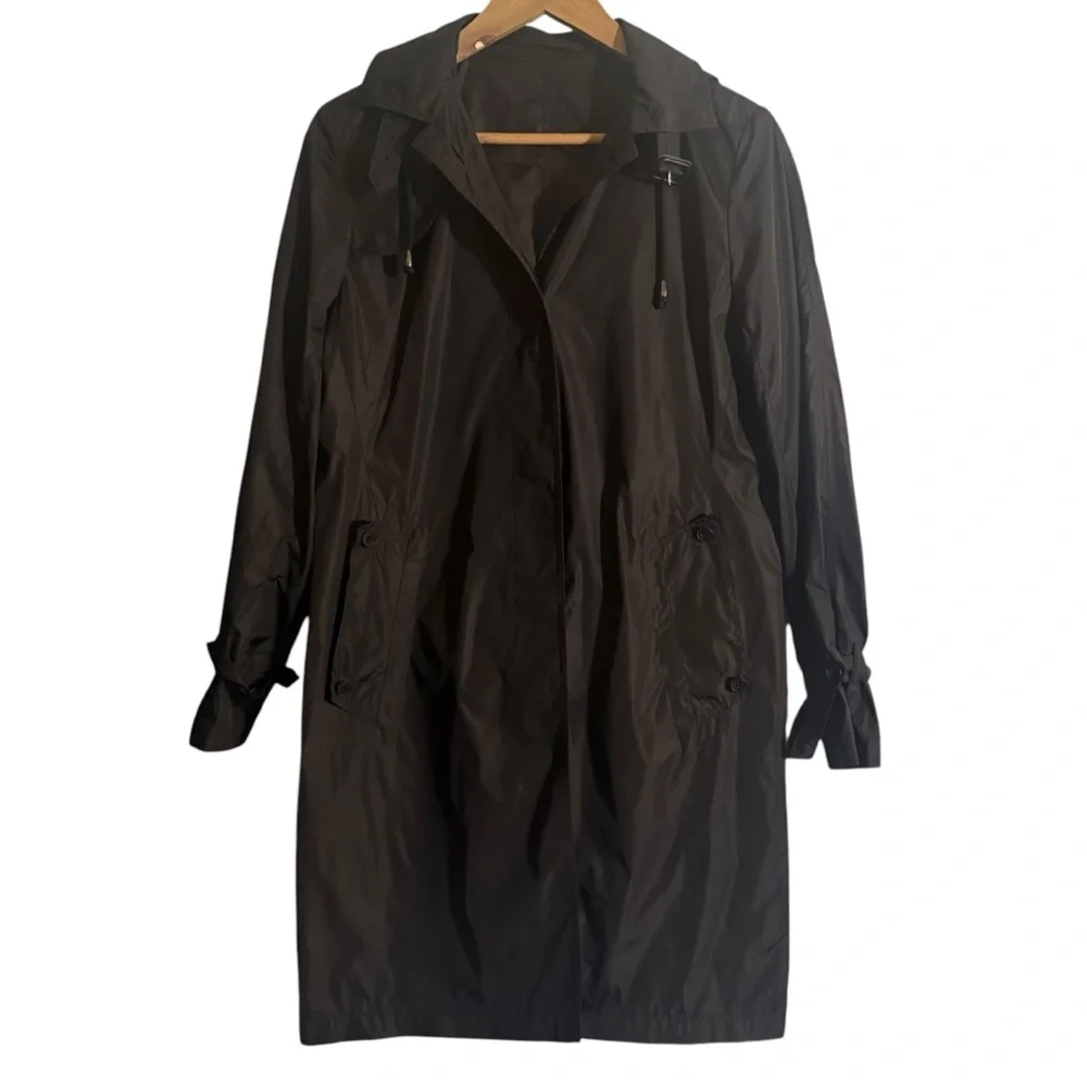 Aquascutum London Brown Long Packable Hooded Rain Coat Womens Size Small