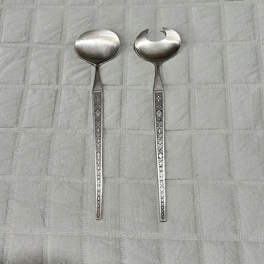Vintage MCM Salad Serving Spoons Japan Solid Stainless Steel Utensils Set 11”