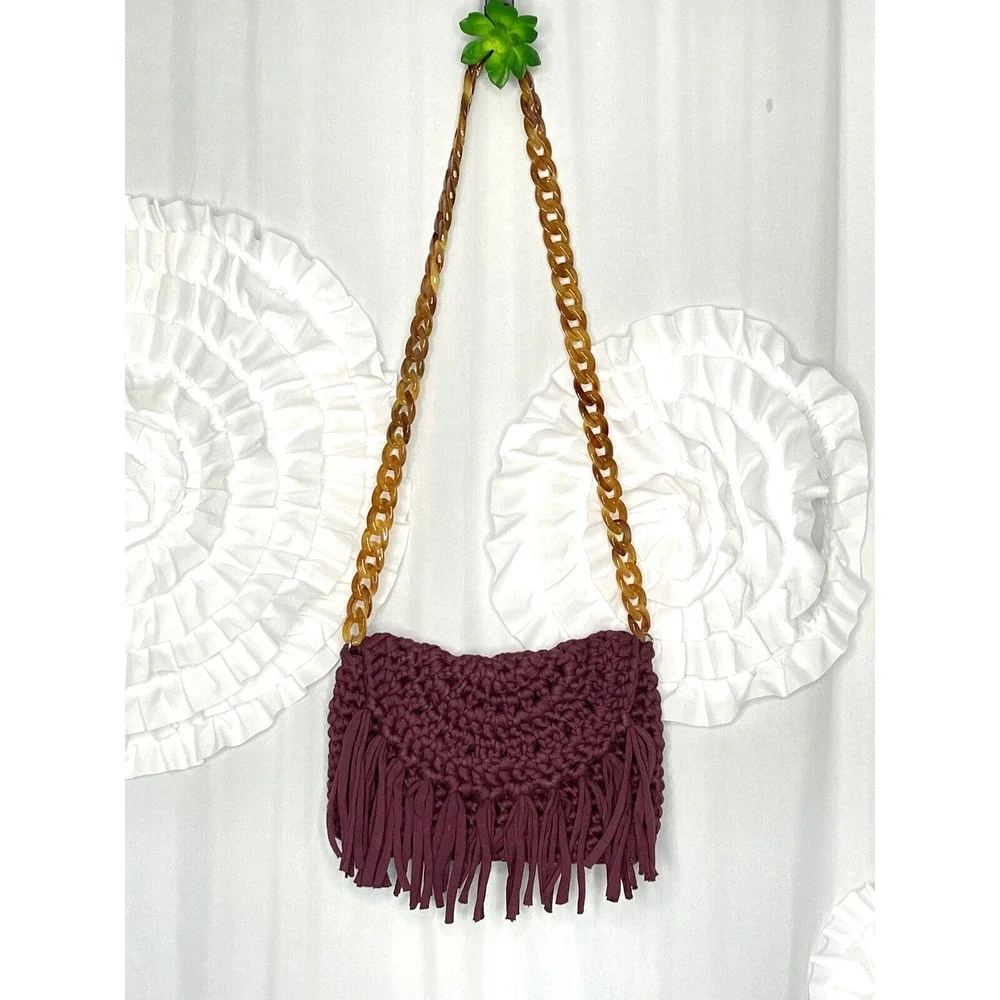 70s Burgundy Crochet Woven Boho Bohemian Bag Purse Tortoiseshell Chain Strap