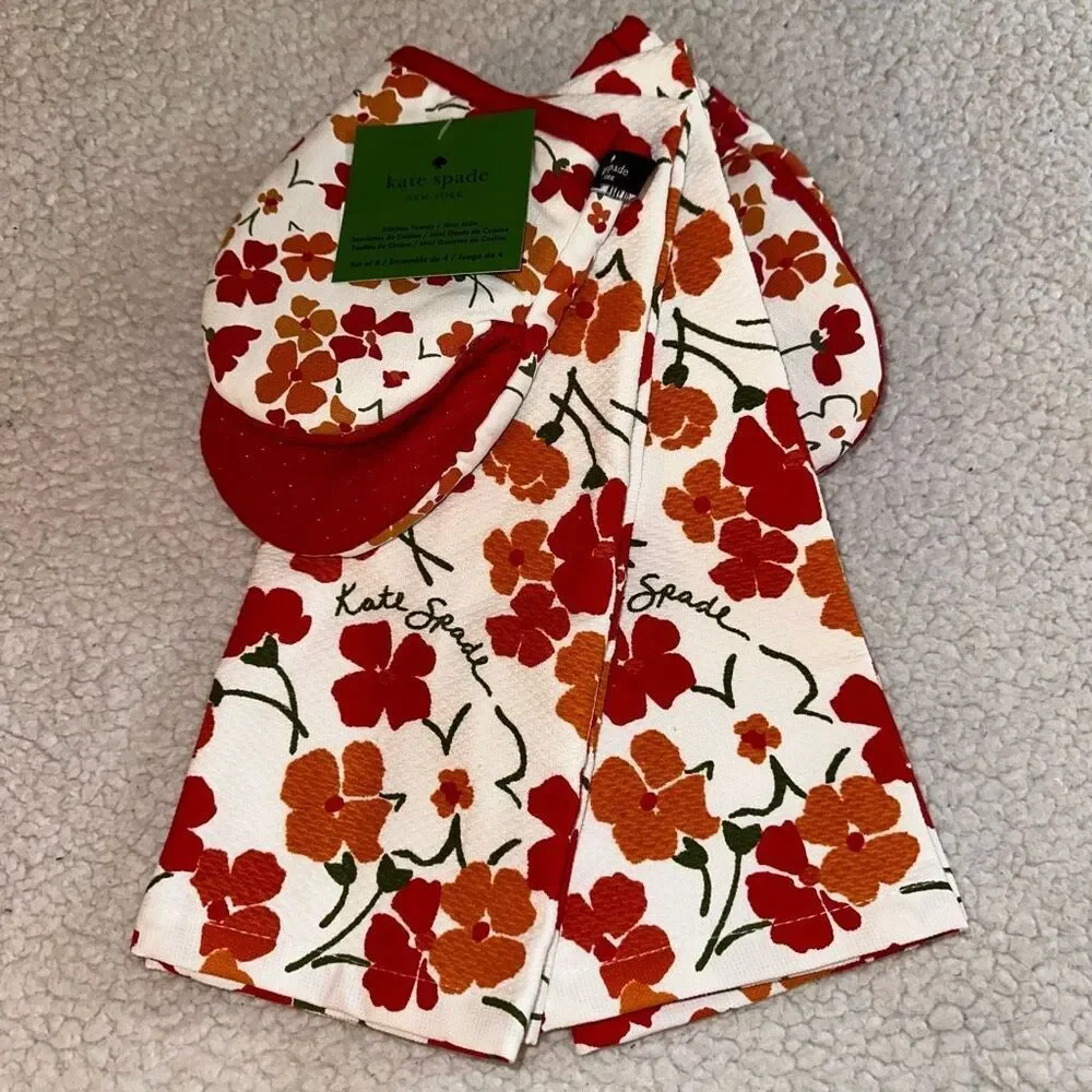 Kate Spade Kitchen Linen Set Red Orange White Floral Pattern 4 Pieces NWT