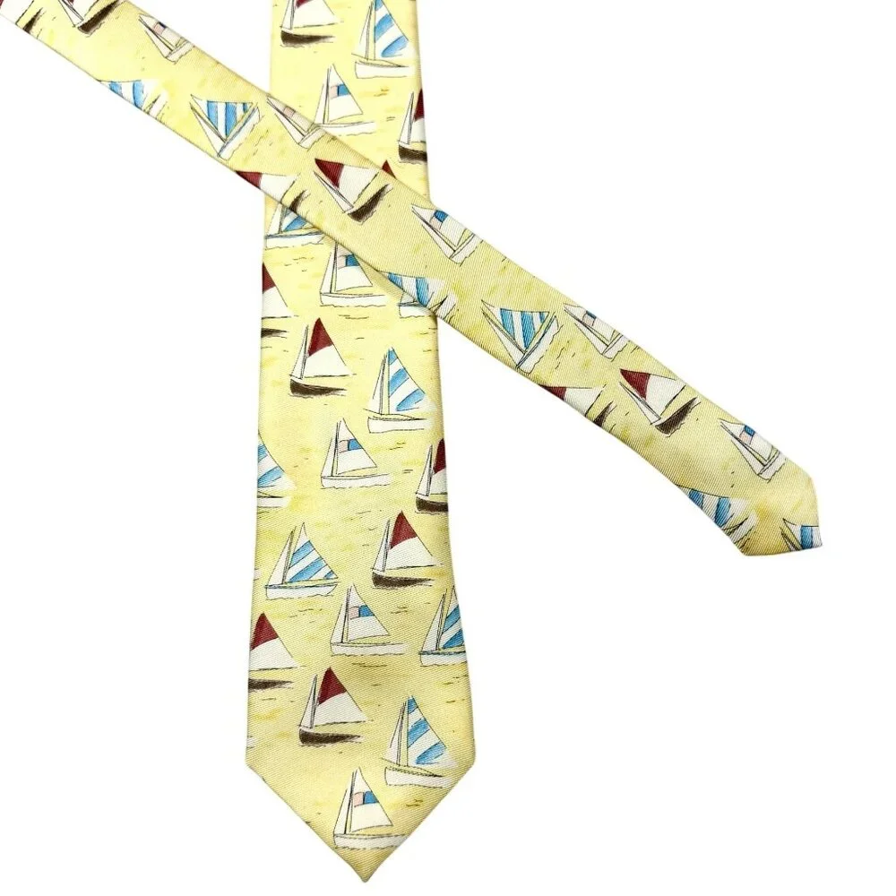 J. McLaughlin Yellow Sailboat Print Silk Necktie - 49.5