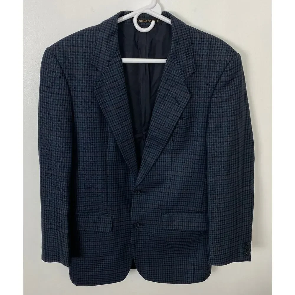Men St. Michael Marks & Spencer pure new wool plaid 2-button blazer, M