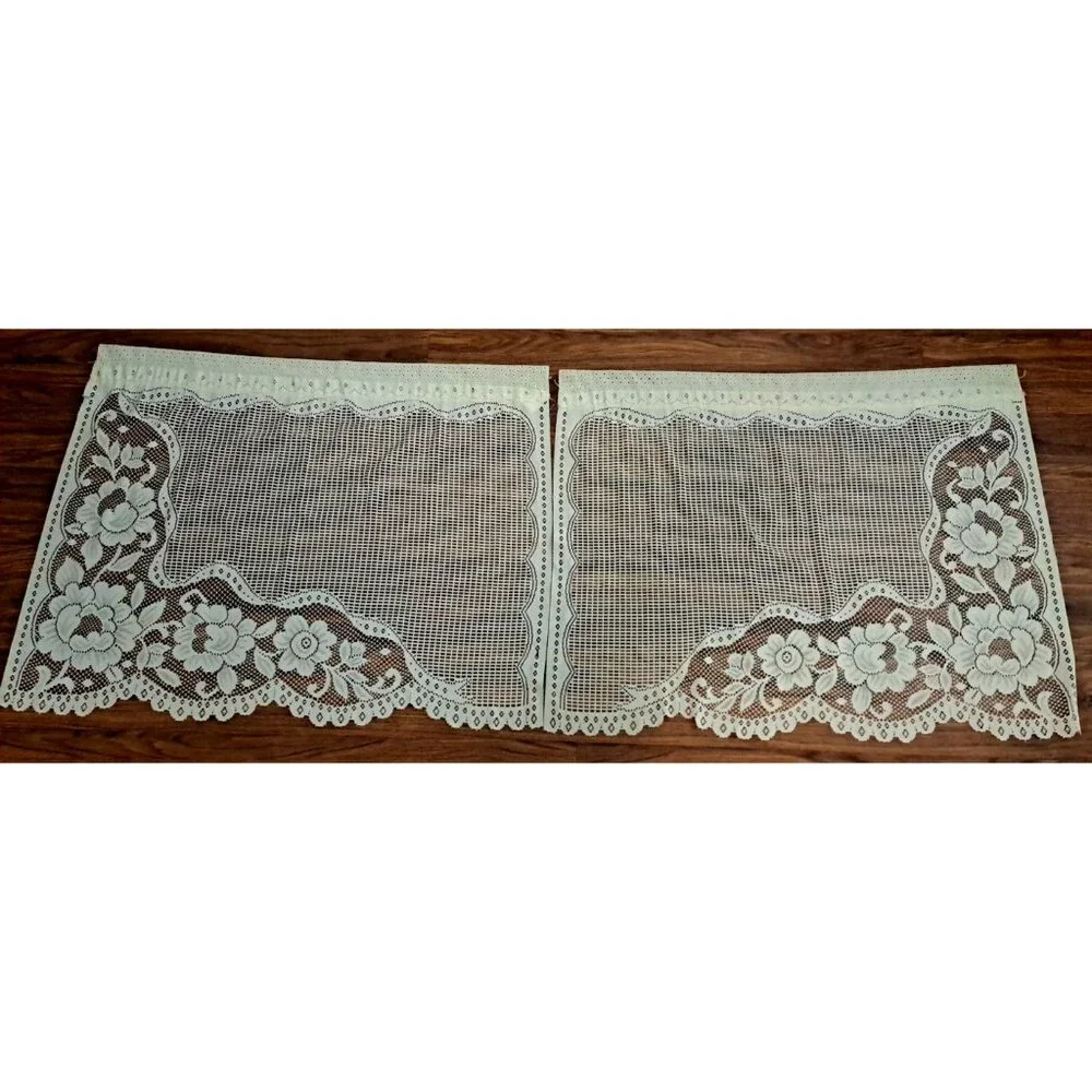Vintage Knit Lace Curtains Ivory Cabbage Rose 2 PC Cottagecore Farmhouse 66x26