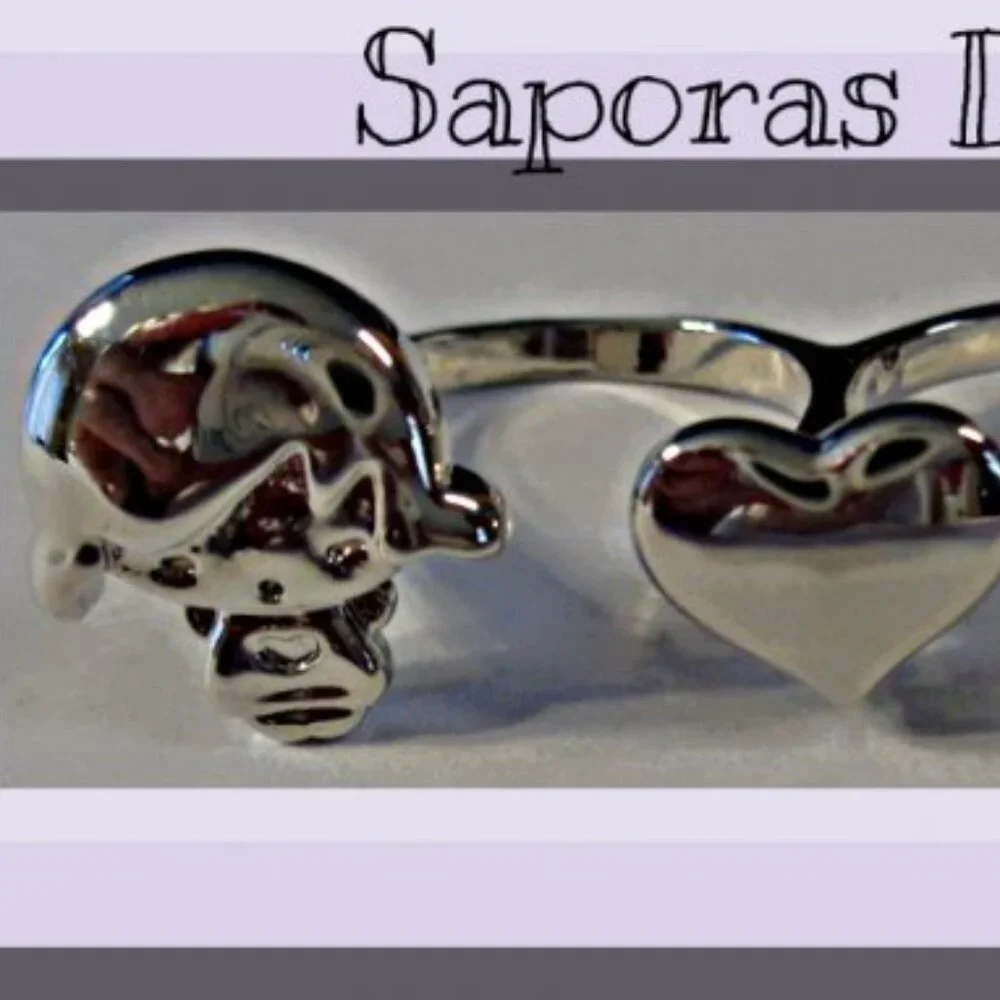 Silver Tone Double Finger Ring With Little Girl Heart Little Boy Design