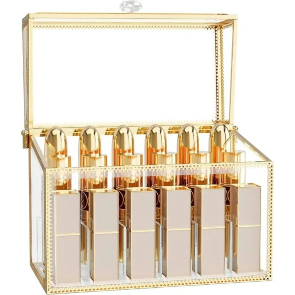 New Luxury Glass Lipstick Organizer, 18-Slot Gold Vanity Holder for Nail Polish