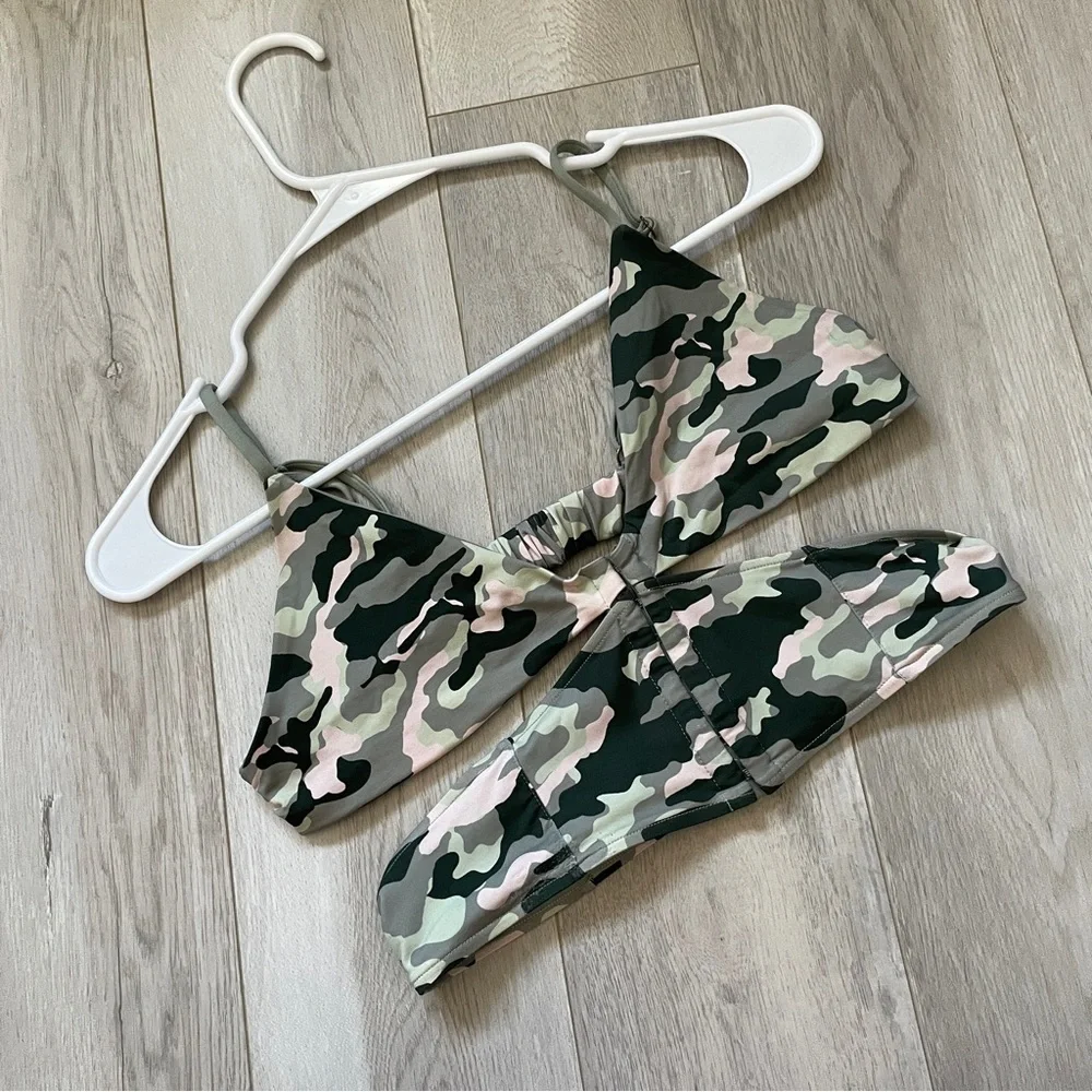 Frankies Bikinis Top camo cutout corset longline womens Green (large) swim beach