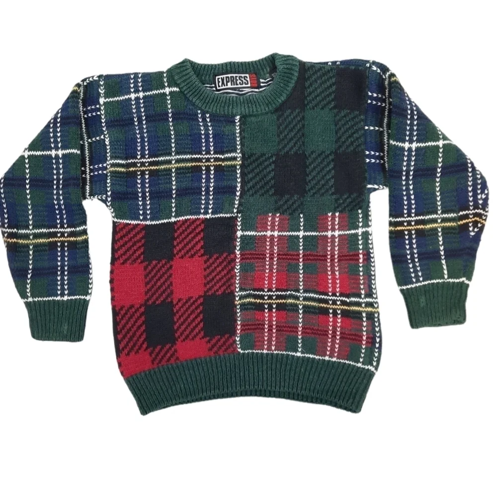 Vintage Express Boys Patchwork Tartan Plaid Crew Neck Sweater Size 4 Boys S2