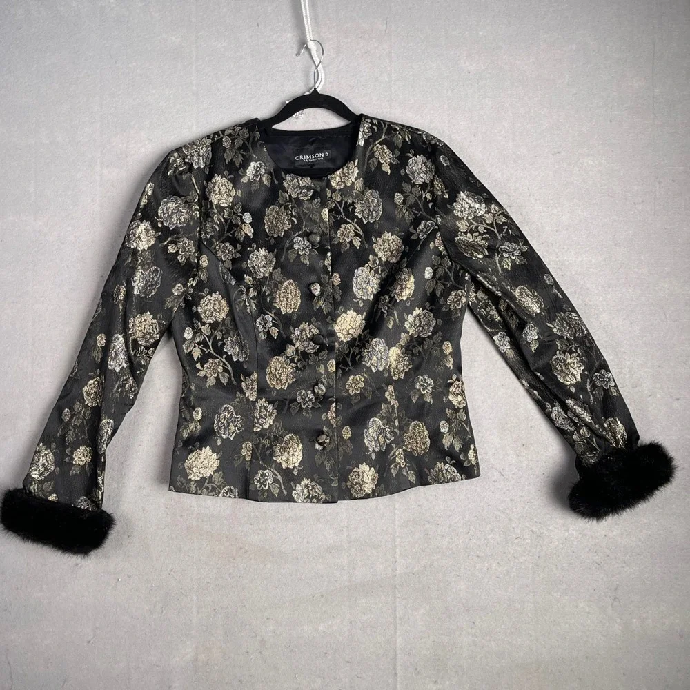 Crimson by Lawrence K Blouse Floral Brocade Faux Fur‎ Cuffs Party Top Size 12
