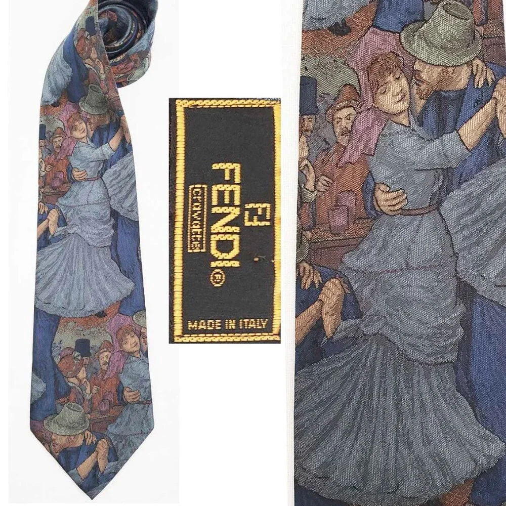 Fendi Mens Vintage Silk Turn of the Century Wearable Art Dancing Woven Neck Tie