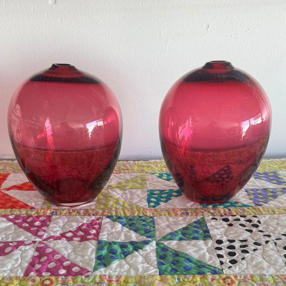 Pilgrim Vintage Hand-Blown Pink Cranberry Art Glass Vases Mid Century Modern MCM