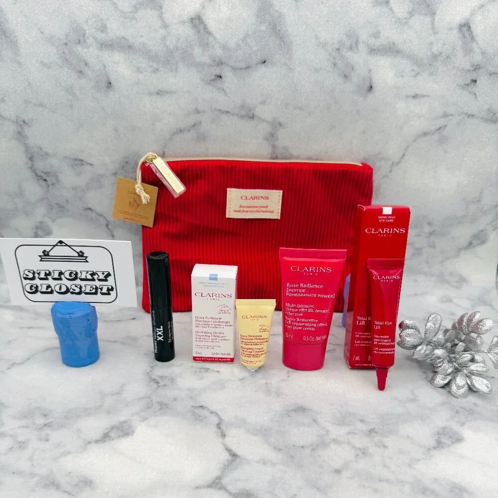 Clarins Beauty Gift Set-Red Pouch,Eye Cream,Face Cream,Cleanser&Mascara-5pc-NEW