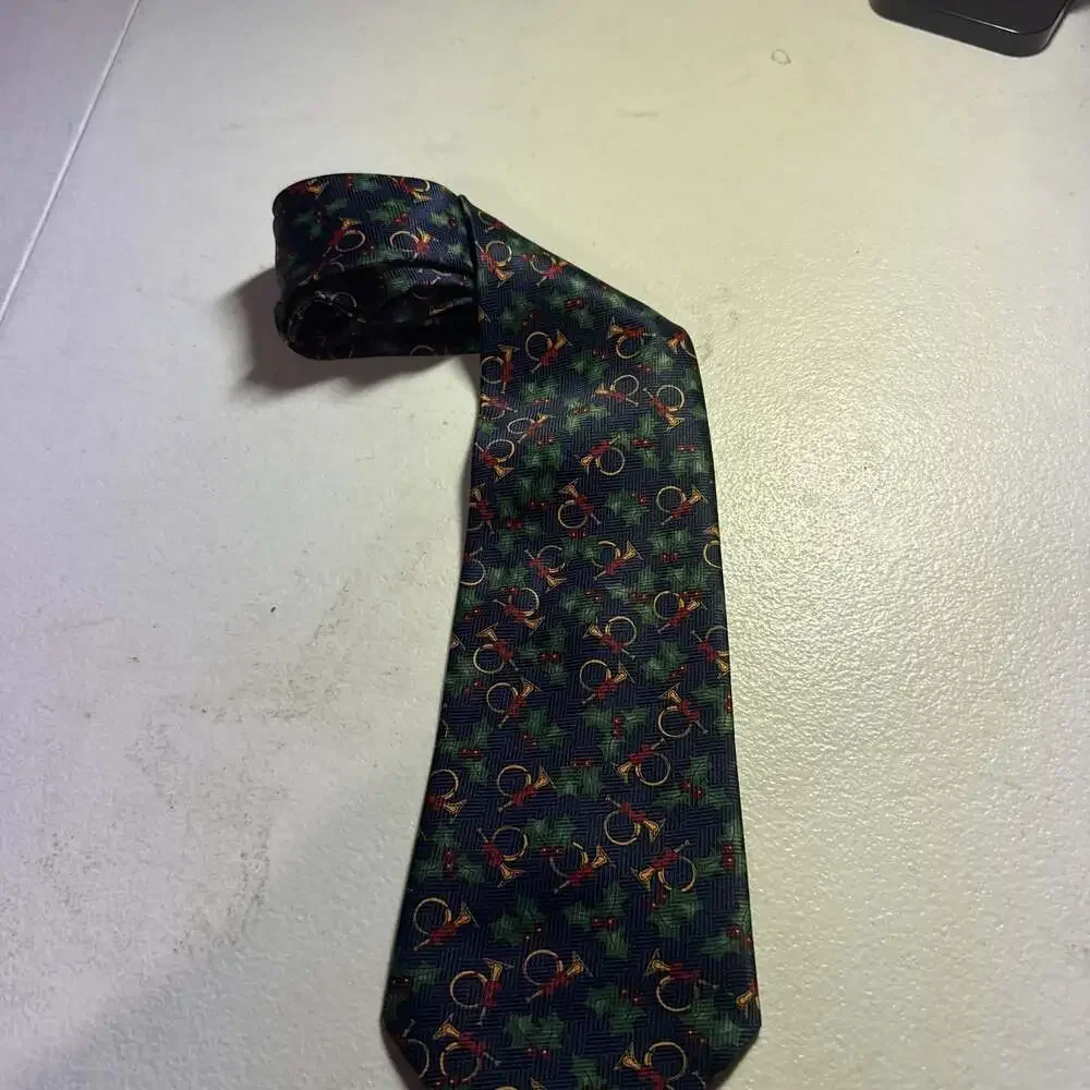 Christmas Holiday Necktie - Blue with Holly and French Horn Pattern