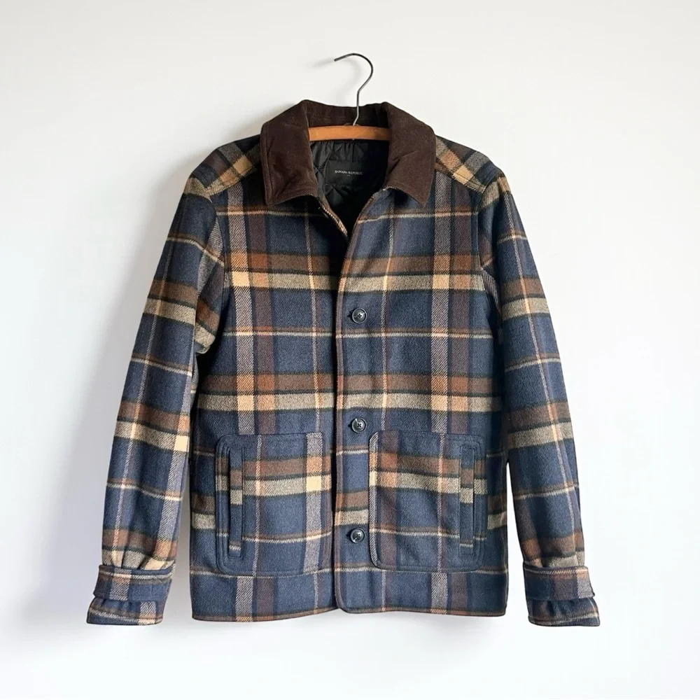 Banana Republic Factory Corduroy Collar Plaid Jacket Mens S Navy Brown