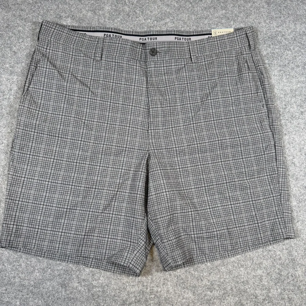 PGA TOUR Golf Shorts Mens 40 Gray Check Active Waistband Stretch Performance