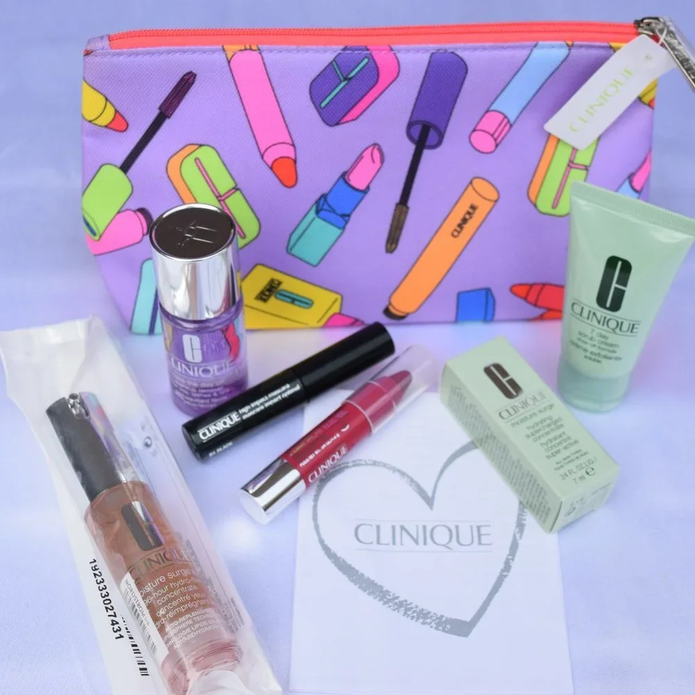 Clinique Beauty Set-Purple Pouch,Scrub,Concentrate,Lip,Mascara & Remover-7pc-NEW