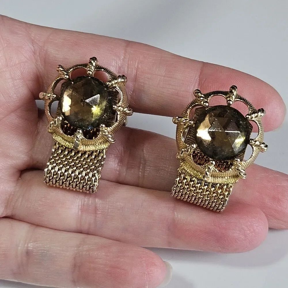**Sale** Swank Vintage Gold Tone Metal Champagne Colored Glass Cufflinks