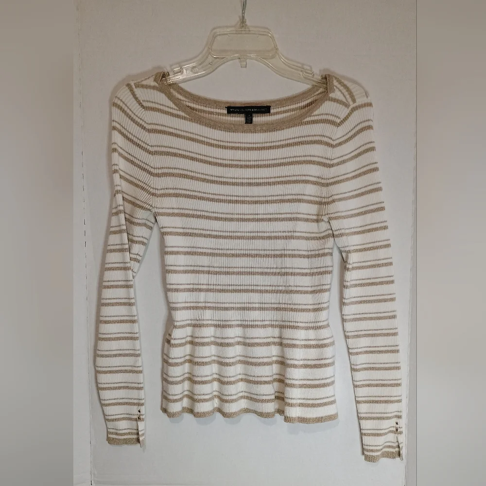 White House Black Market Striped Cream and Tan Sweater Small