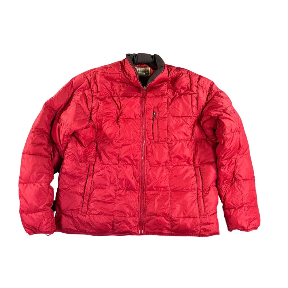 LL Bean Puffer Down Jacket Mens XL Red Quilted Full Zip Mock Neck Lightweight