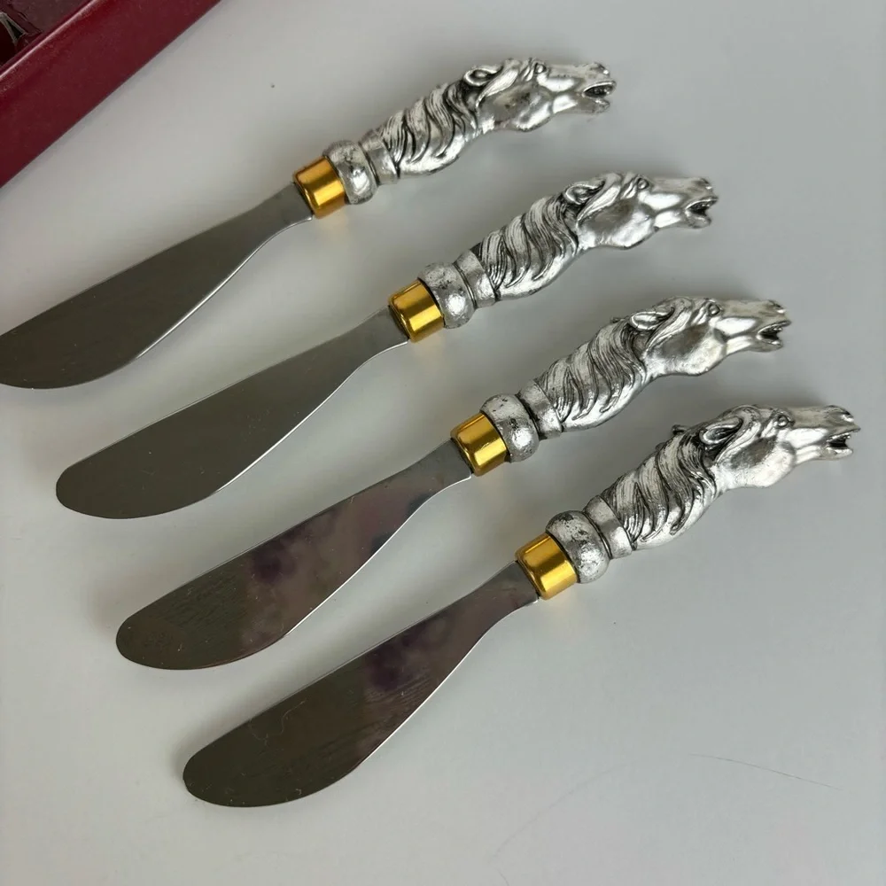 Vintage Horse Head Cheese Spreader Knives/Arthur Court Flatware Box-Set of 4