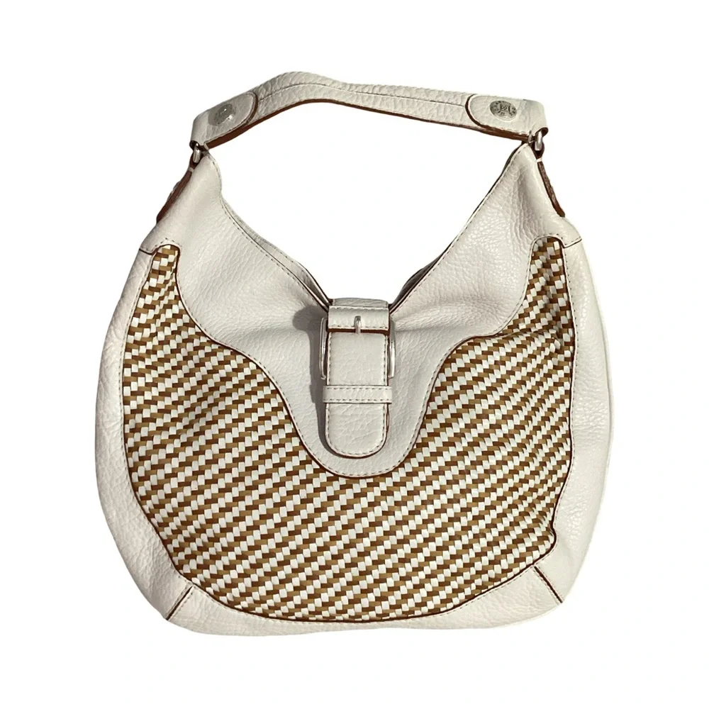 Michael Kors White Tan Woven Leather Hobo Shoulder Bag