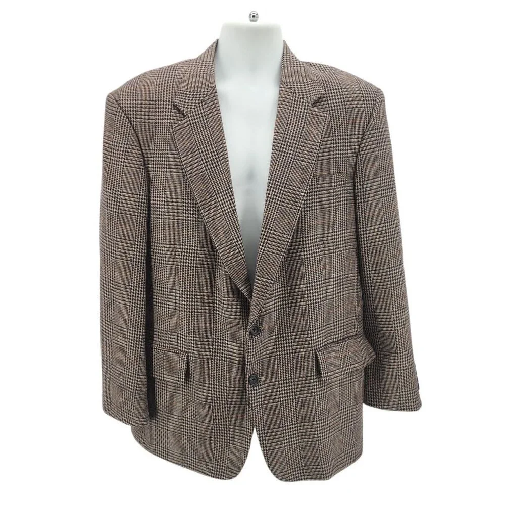 Vintage Robert Stock Mens 42R Blazer Jacket Wool Blend Houndstooth Plaid Tan