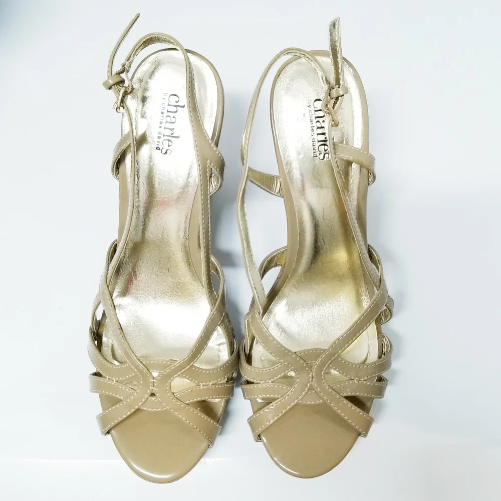 Charles David Strappy Leather Cork Wedges in Nude 9.5M