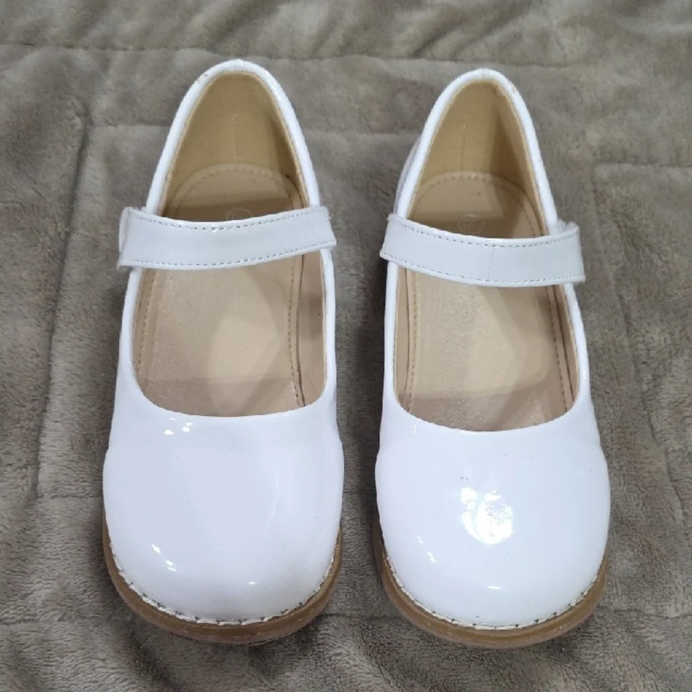 Girl's White Faux Patent Leather Mary Jane Shoes Hook/Loop Easter Sz 30/11.5 EUC