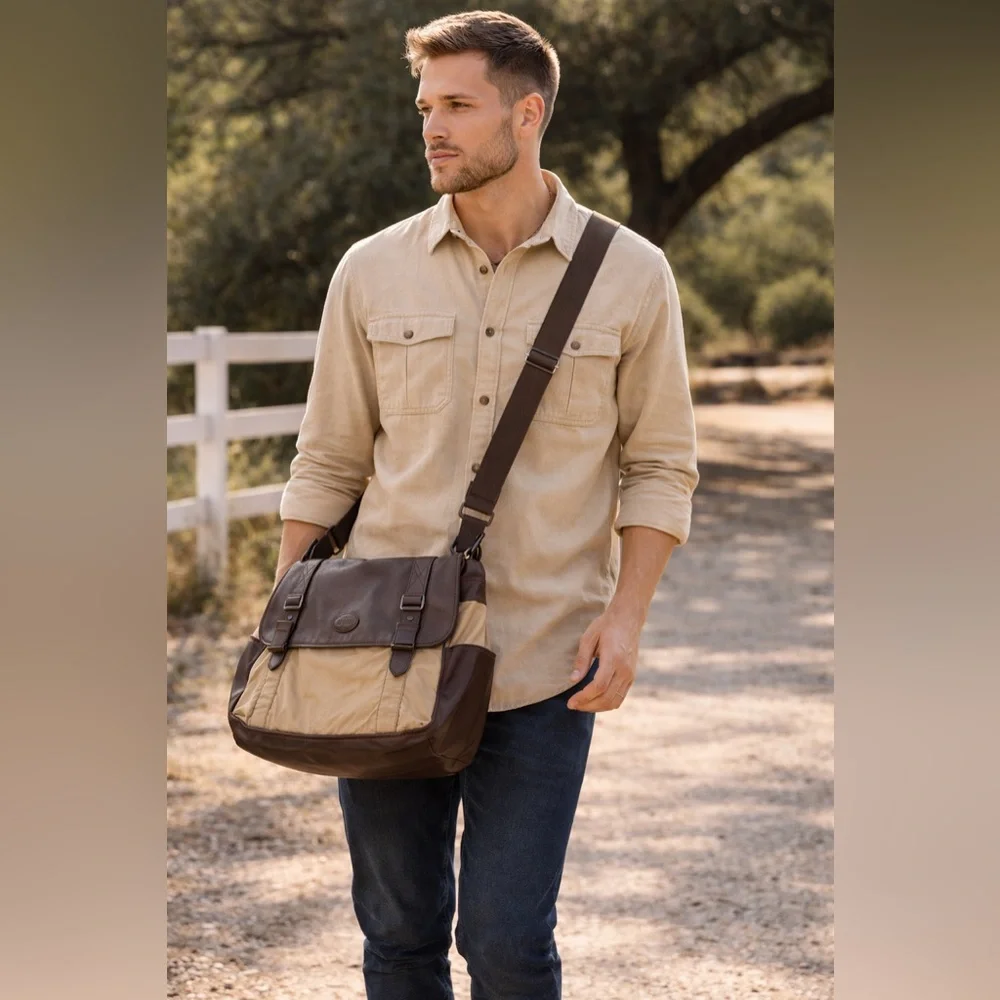 Fossil Leather Trim Tan Nylon Messenger Laptop Bag Crossbody Work