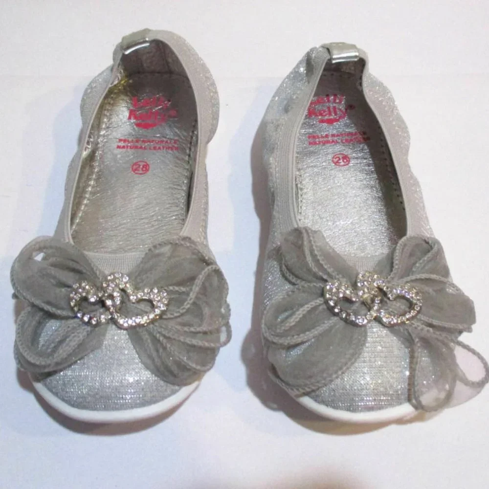 Lelli Kelly Silver Sparkly Tween‎ Girls Shoes Flats 36/5US NEW Crossed Hearts