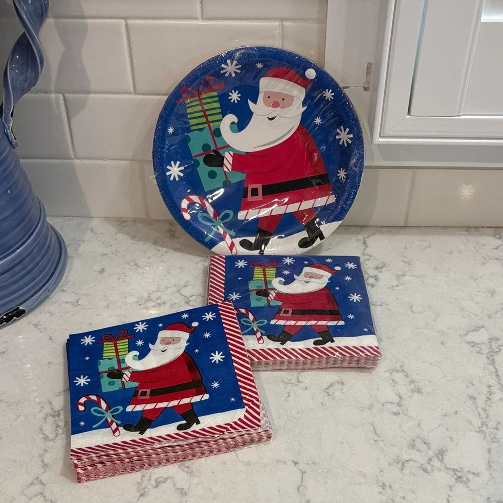Festive Santa Paper Plates & Napkins Set - Blue & Red