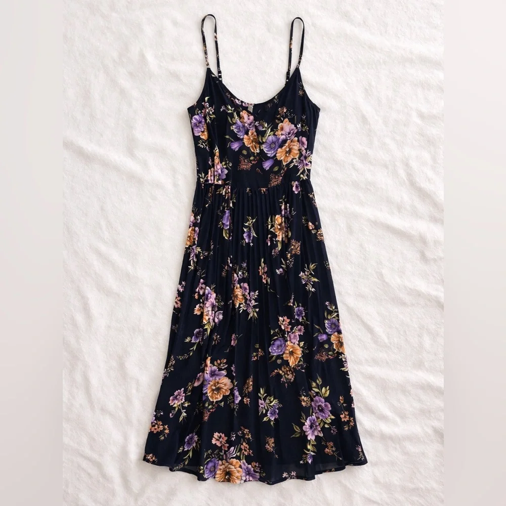 Xhilaration Black Floral Midi Dress XS Purple Blue Spaghetti Strap Boho Summer
