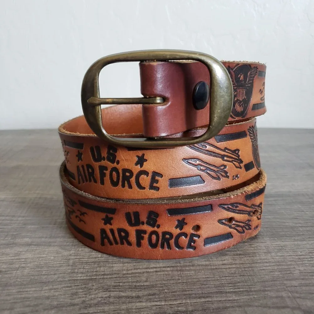 Tooled Genuine Leather U.S. Airforce Belt Jets Eagle Brown Made in USA Mens L/XL