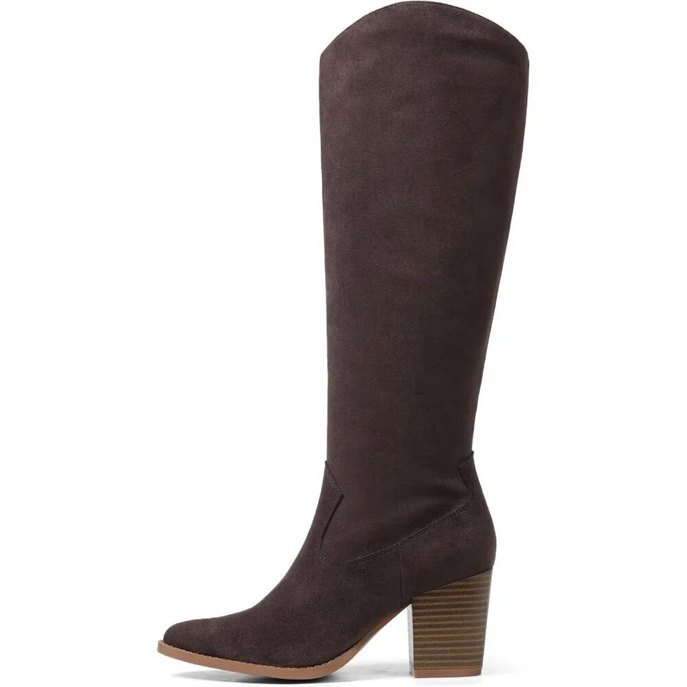 Womens Suede Chocolate Side Zipper Knee High Pointed Toe Chunky Heel Tall Boots