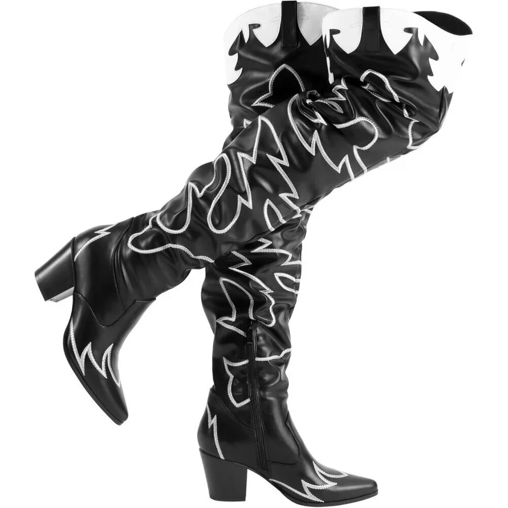 Women Black Faux Suede Cowboy Boots Over The Knee Thigh High Western Boots