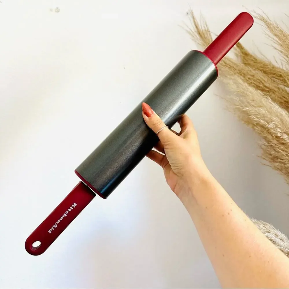NEW KITCHENAID Red Burgundy Silver Steel Rolling Pin Wide Barrel Kitchen Tool