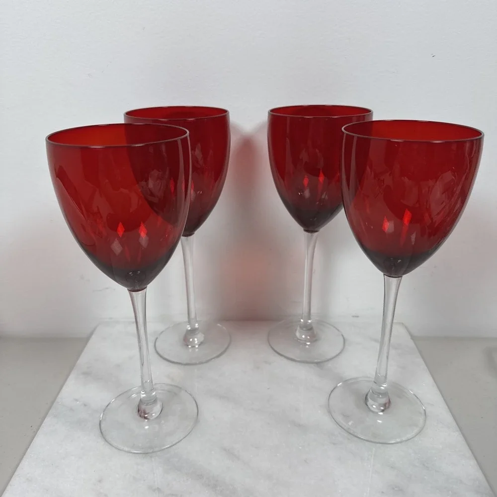 4 Red Glass Stemware Clear Stems Size 8 3/8