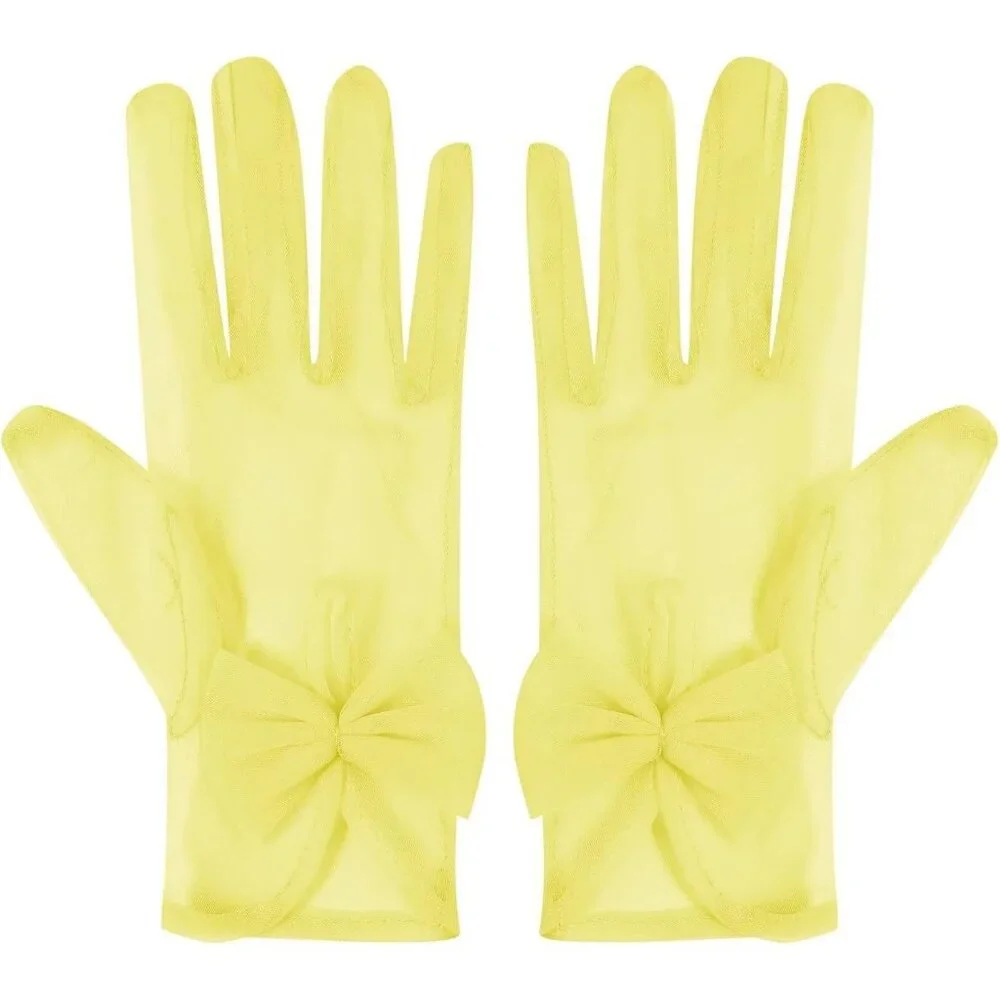 Women's Yellow Evening Sheer Tulle Short Length Gloves Wrist Tea Party Prom