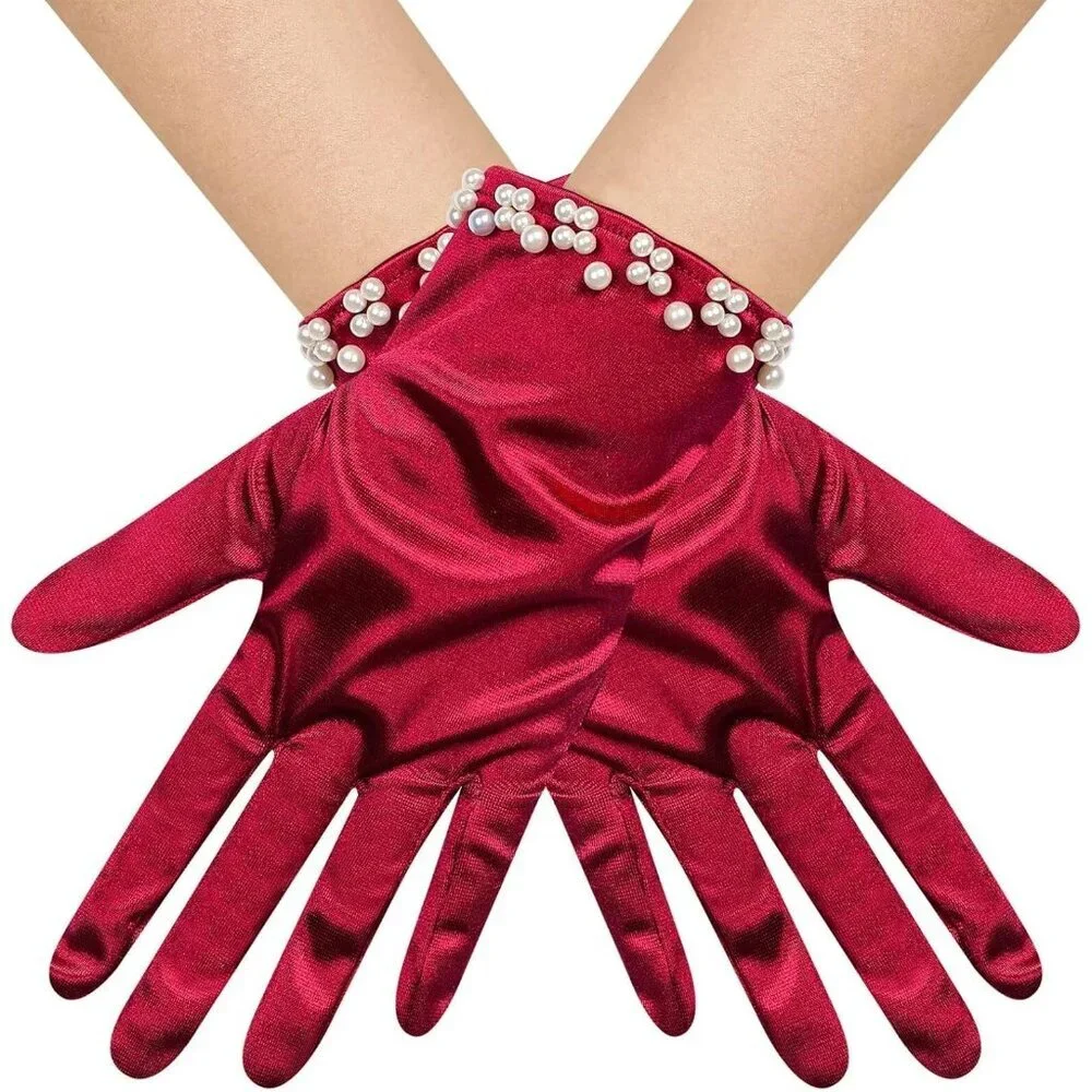 Women's Burgundy Satin Pearl Short Length Gloves Wedding Banquet Party Prom
