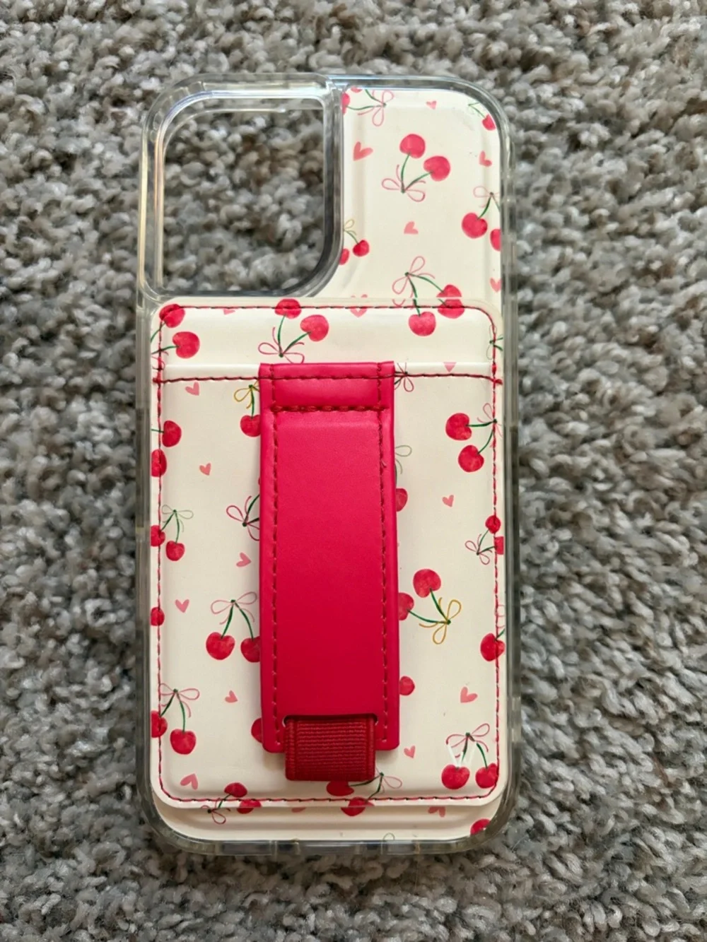 Cherry Print Phone Card Holder Case with Pink Strap iPhone 17 MagSafe Walli Case