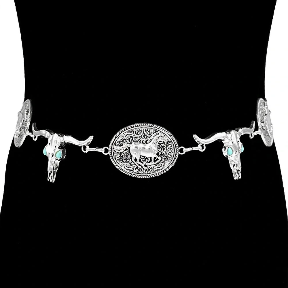 Silver Antique Metal Western Horse Embossed Conch Statement Belt